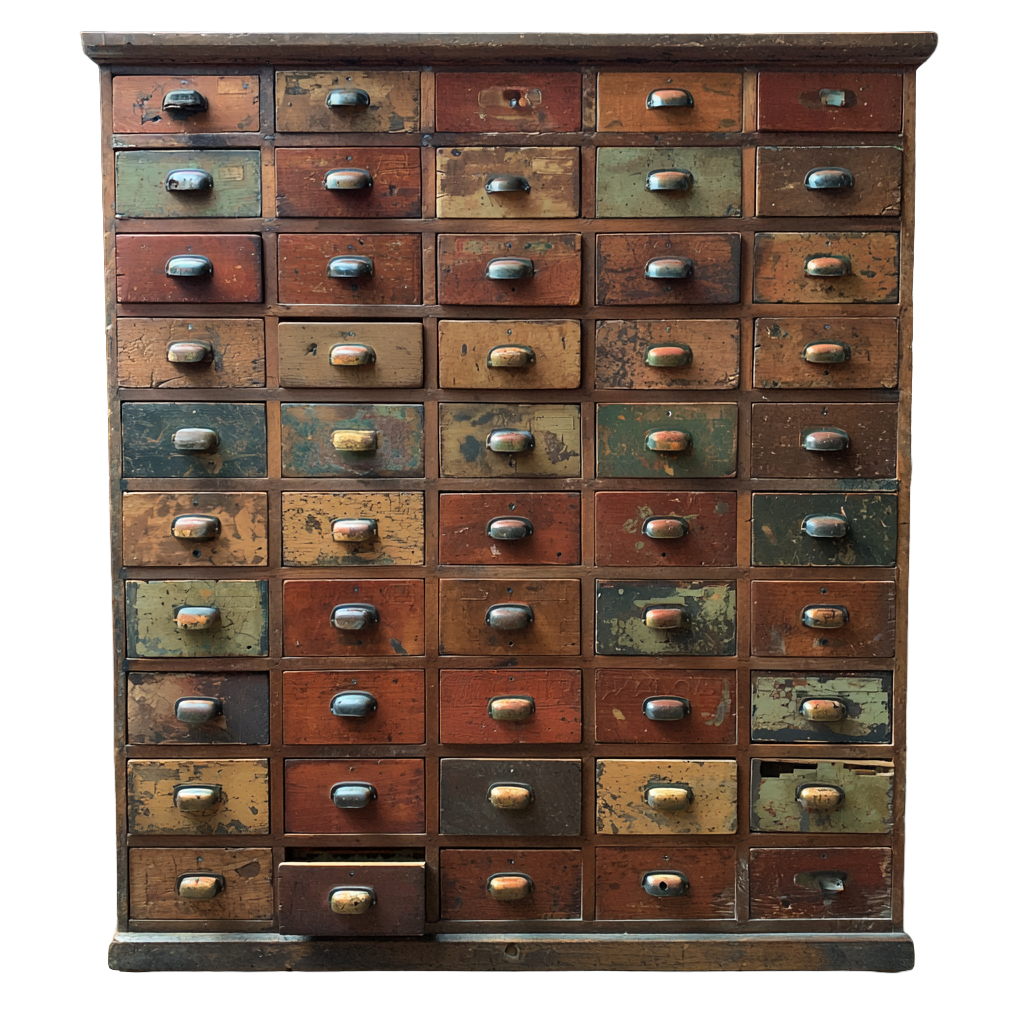 An old, battered wooden collector’s cabinet with fifty small mismatched drawers